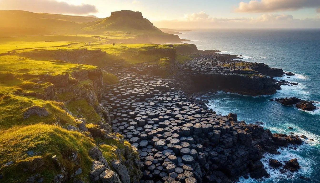 Hexagonal basalt columns at the Giant's Causeway, Northern Ireland — a natural tessellation formed by cooling lava
