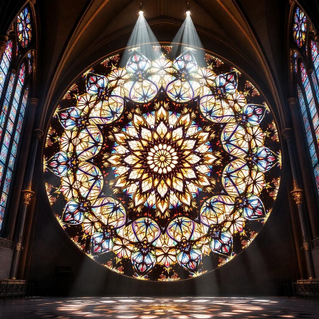 Gothic cathedral rose window with intricate geometric stained glass