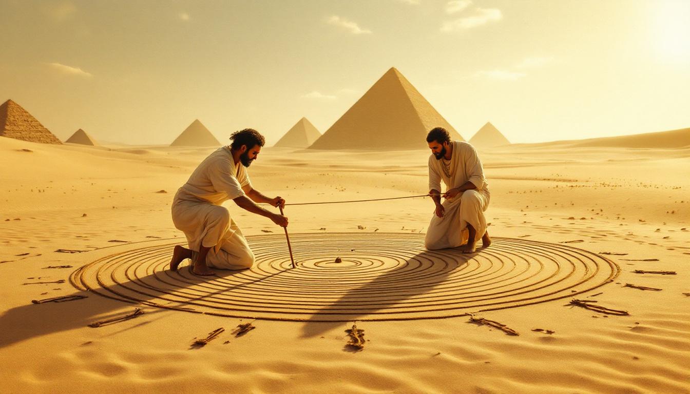 Ancient Egyptian rope-stretchers drawing a circle in the desert sand with a peg and rope, pyramids in the background