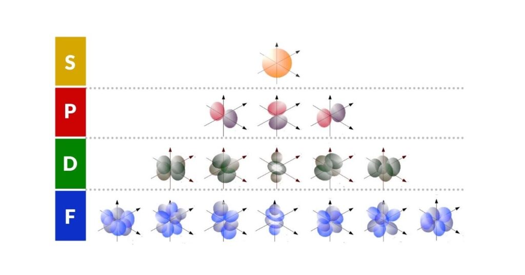 The S, P, D and F electron orbitals shown as 3D probability cloud shapes around an atomic nucleus