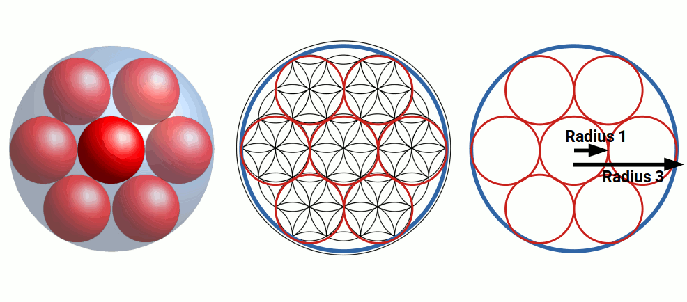 The Flower of Life geometric pattern overlaid with the two concentric circles of radius 1 and radius 3 representing the light torus